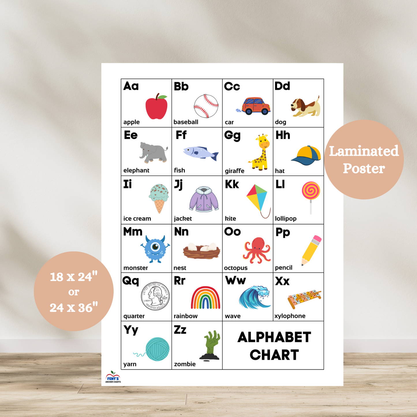 Alphabet Table Anchor Chart with A–Z letters, images, and phonics cues for preschool and kindergarten classrooms