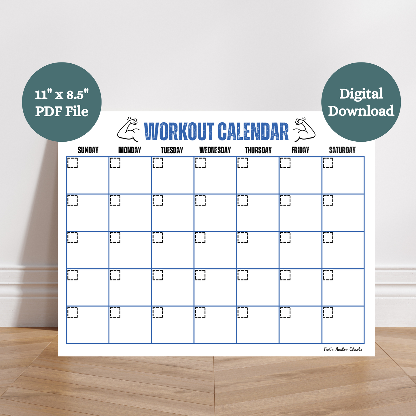 This digital download workout calendar is great for any home gym. Blue letters at the top and blue boxes all around.
