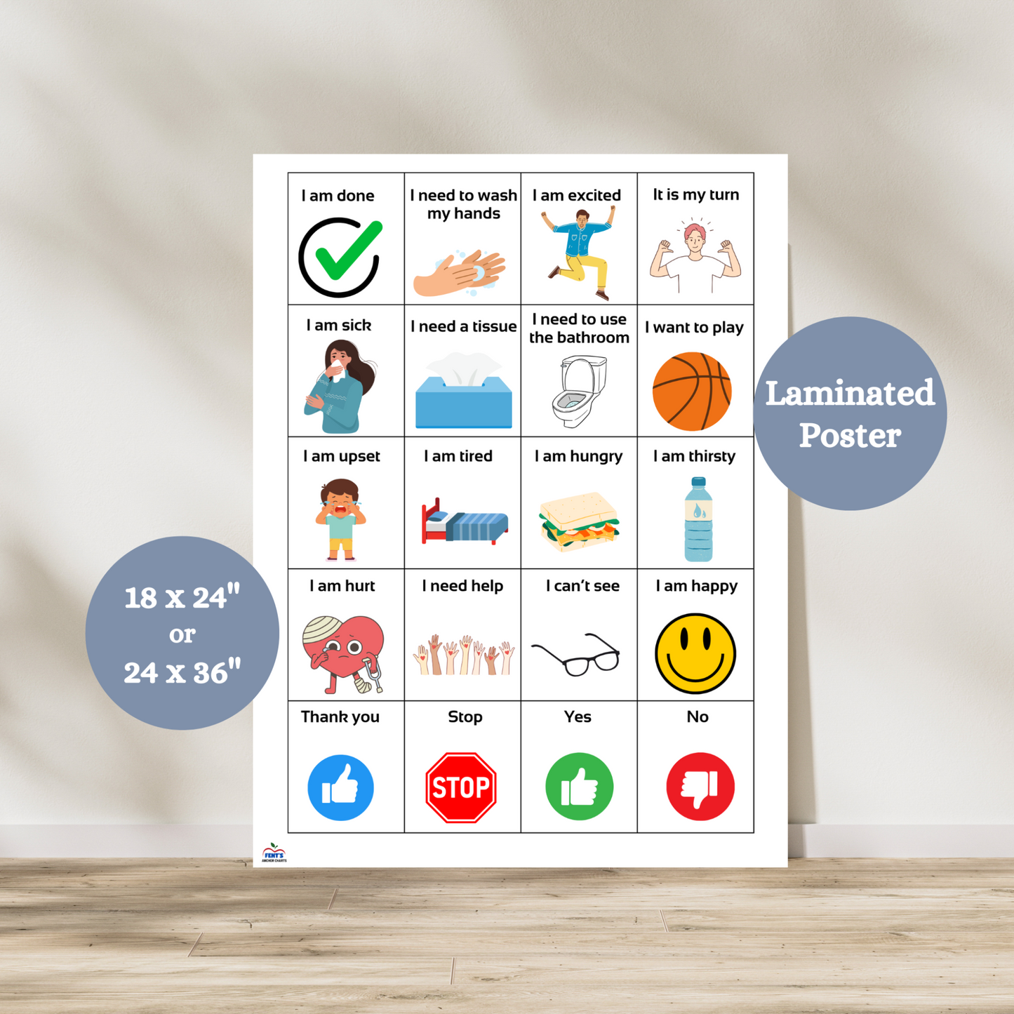 This laminated communication board is a game changing anchor chart for children learning communication and language skills. This poster is especially impactful in special education classrooms for students who are autisic and non verbal. Can be used at home as well to support communication between the child and parents.