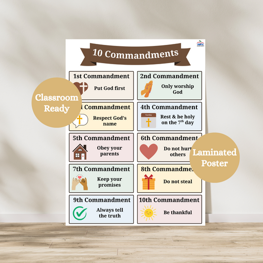 10 commandments poster designed for toddlers and young children. Laminated for durability in classrooms and faith formation programs.