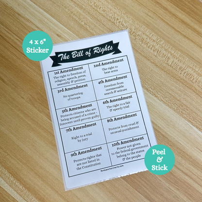 This US Constitution thermal printer anchor chart sticker summarizes the Bill of Rights with clear, student-friendly explanations of the first 10 amendments to the U.S. Constitution
