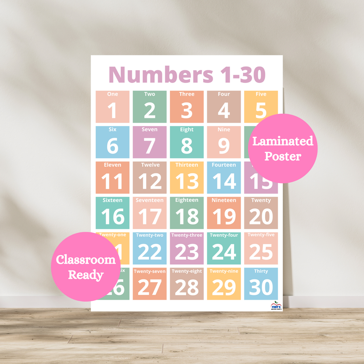 thirty colorful boxes that have a number and its word form in it. Laminated for young children durability.