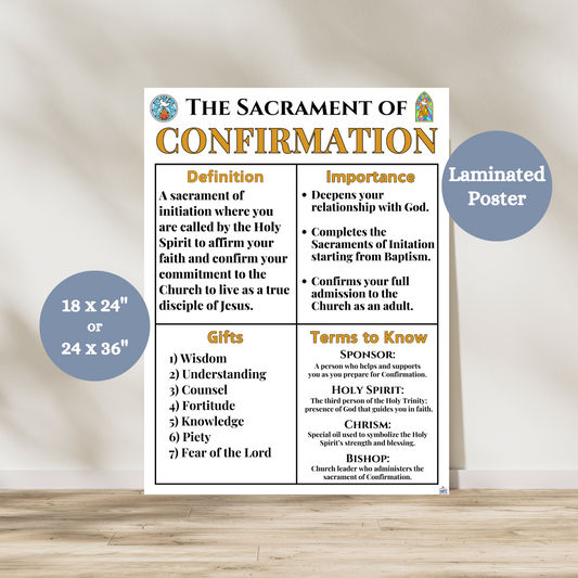 This catholic sacrament of confirmation poster teaches children about the sacrament of confirmation. The poster has a white background and is divded into four categories to teach about the sacrament defenition, importance, gifts and terms to know. All titles are in gold lettering. All subheading writing is in black