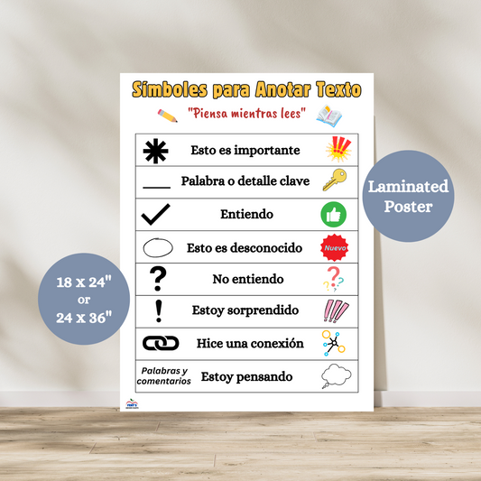 This laminated anchor chart provides eight key symbols to support students in ELA or SLA classroom to annotate while reading a paragraph, book or primary source. This poster is neatly organized with a chart that explains the purpose of the symbol and what the symbol should look like when annotating. 