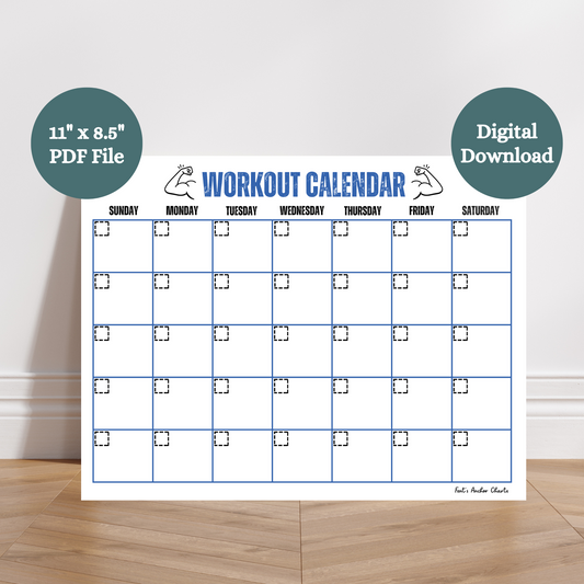 This digital download workout calendar is great for any home gym. Blue letters at the top and blue boxes all around.