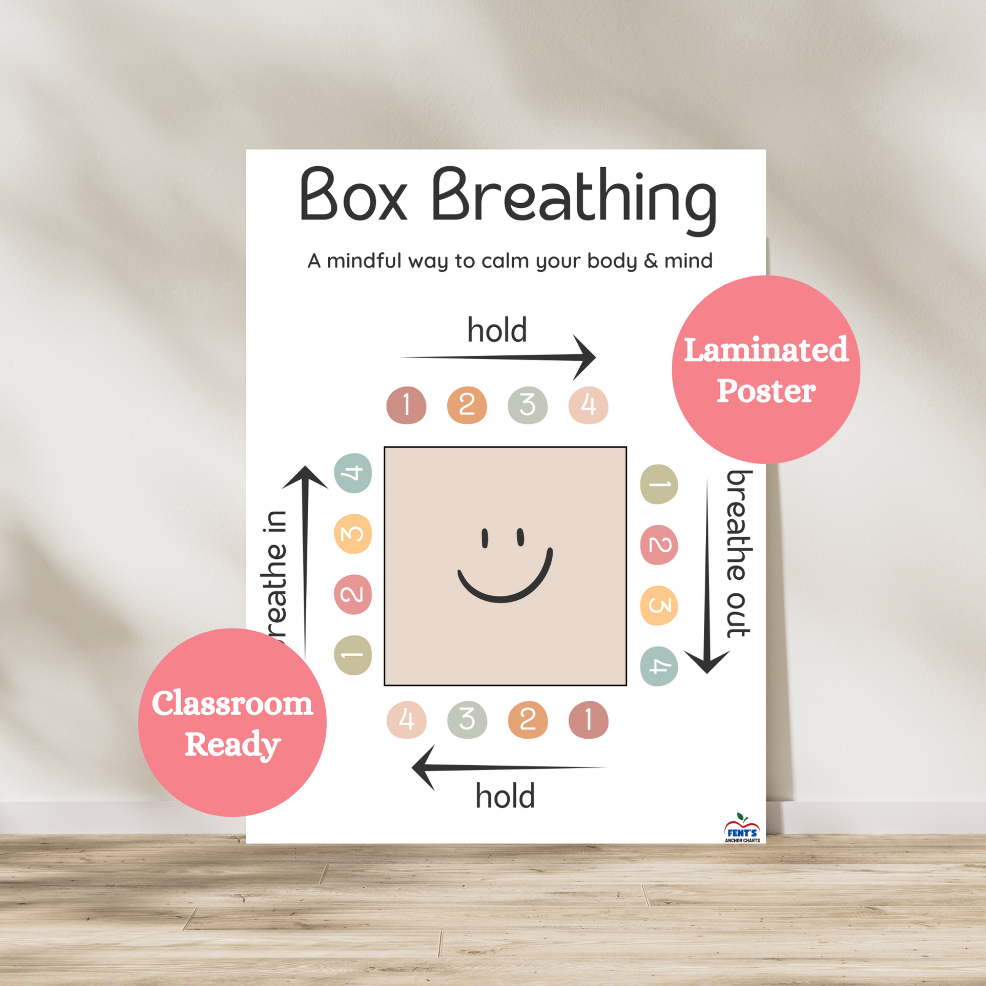 Laminated classroom and guidance counselor office poster featuring visual directions for how to box breathe to reduce stress and anxiety for children.