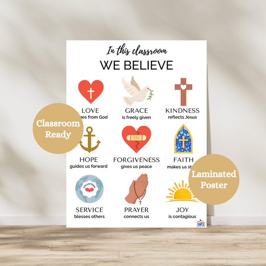 In this classroom we believe catholic poster for classrooms. Nine different values represented by icon. Laminated for classroom durability