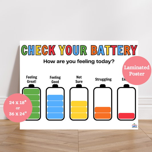 “Laminated horizontal poster with five colorful battery icons representing emotional states from full to empty, labeled ‘Feeling Great’ to ‘Empty’ – for SEL, classroom, and therapy use.”