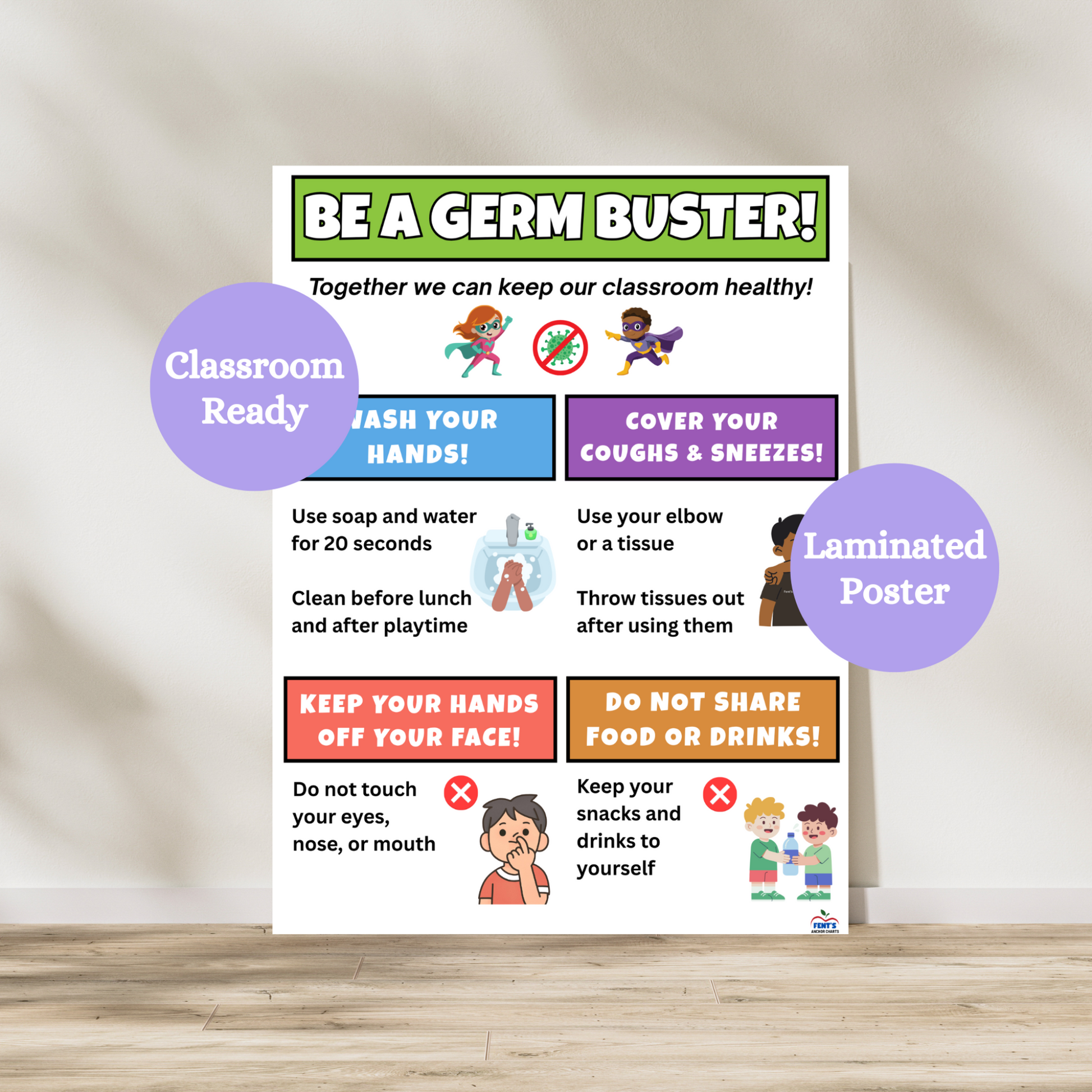 Be a germ buster poster is broken down into four boxes that teaches children how to stay healthy during cold and flu season. Laminated for classroom durability.