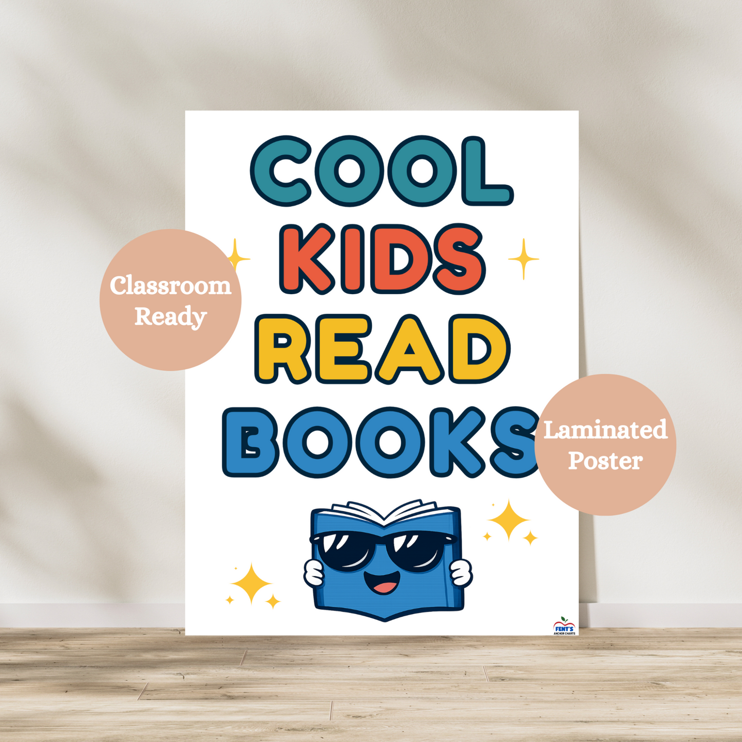 Cool Kids Read Books poster with colorful text and smiling book character for elementary classrooms and school libraries. Laminated for durability