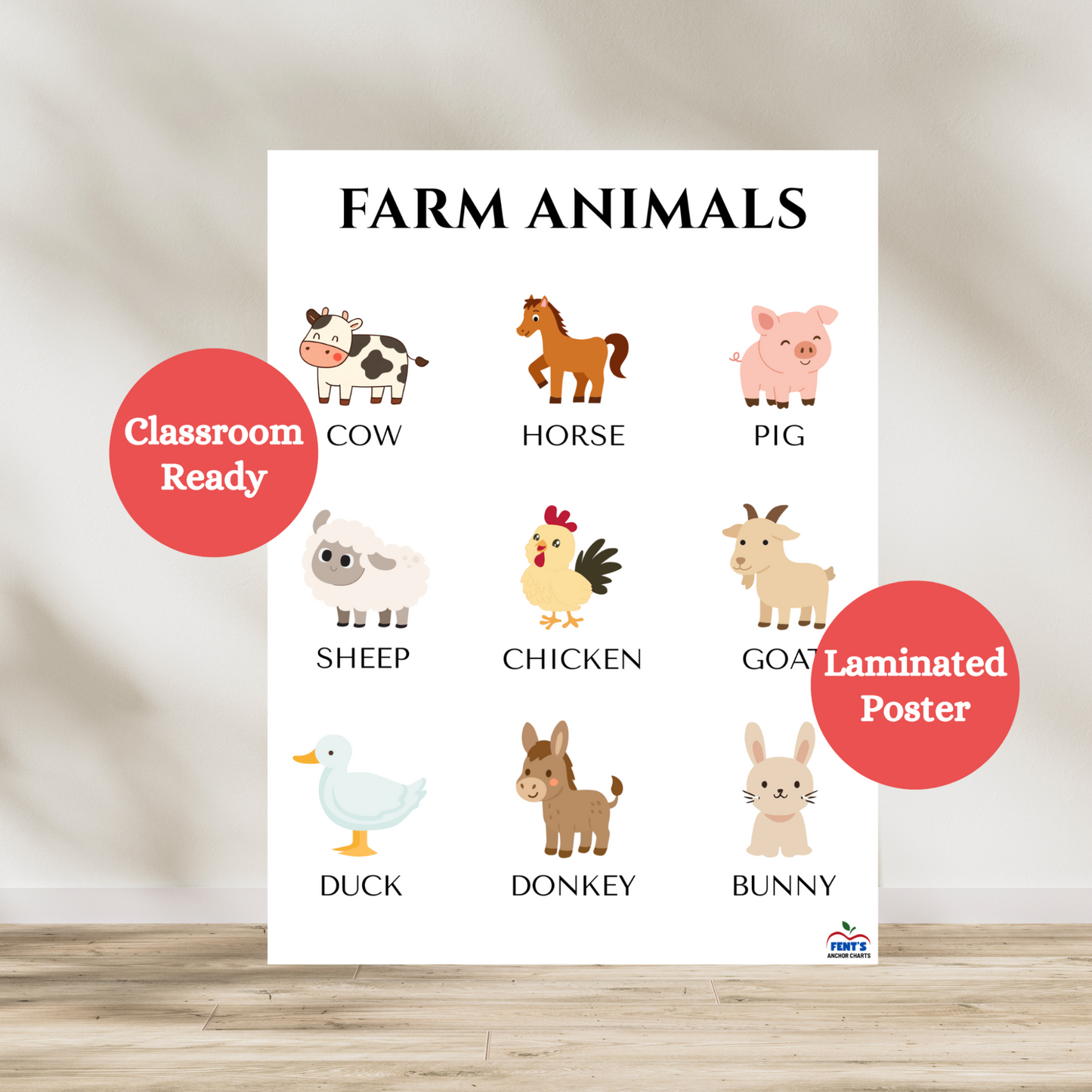 Farm animals poster featuring the nine main animals found on a far. Great poster for toddlers to learn from. Used for bedroom decor, preschool and homeschool setups. Laminated for durability.