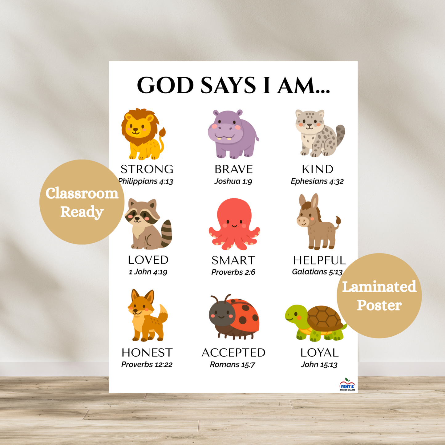 God says I am laminated poster featuring nine bible verses paired with characteristics and cute animals. Used for decor in toddler rooms, playrooms and catholic nursery schools.