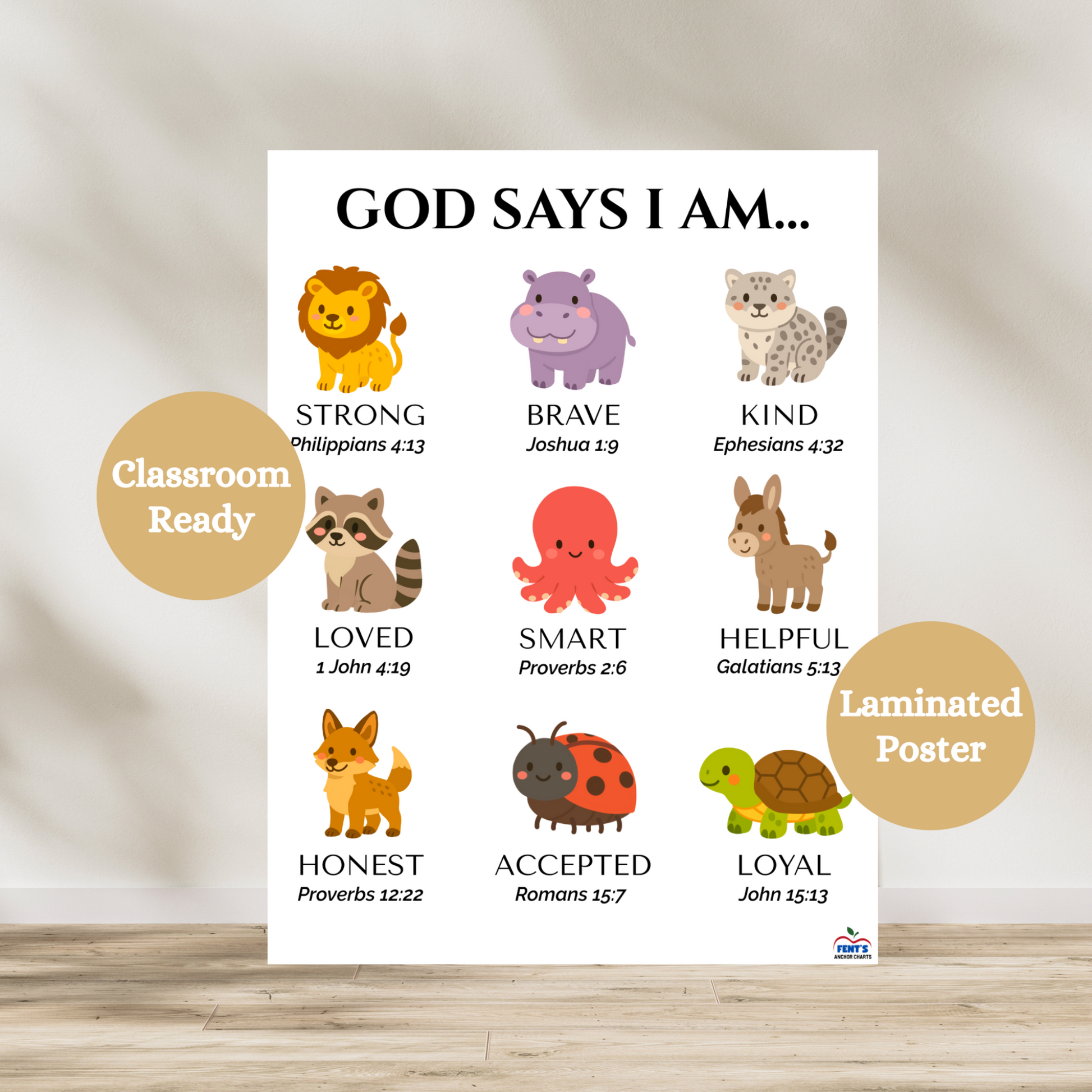 God says I am laminated poster featuring nine bible verses paired with characteristics and cute animals. Used for decor in toddler rooms, playrooms and catholic nursery schools.
