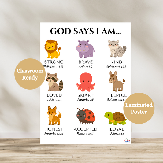 God says I am laminated poster featuring nine bible verses paired with characteristics and cute animals. Used for decor in toddler rooms, playrooms and catholic nursery schools.