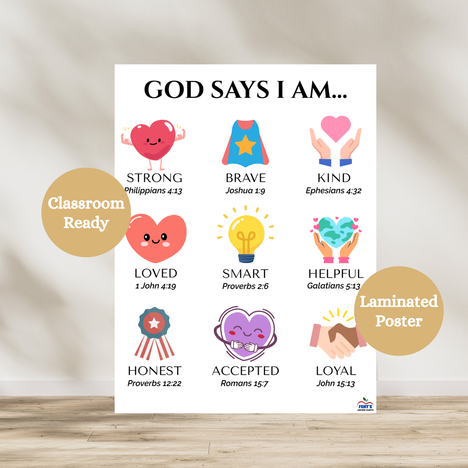 God says I am laminated poster featuring nine bible verses paired with characteristics and cute kawaii inspired graphics. Used for decor in toddler rooms, playrooms and catholic nursery schools.