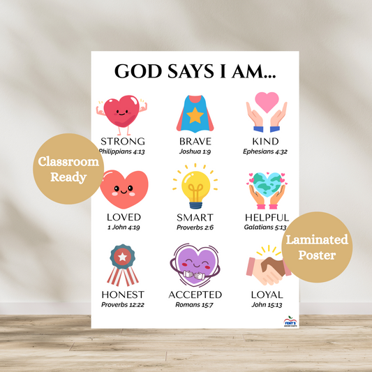 God says I am laminated poster featuring nine bible verses paired with characteristics and cute kawaii inspired graphics. Used for decor in toddler rooms, playrooms and catholic nursery schools.
