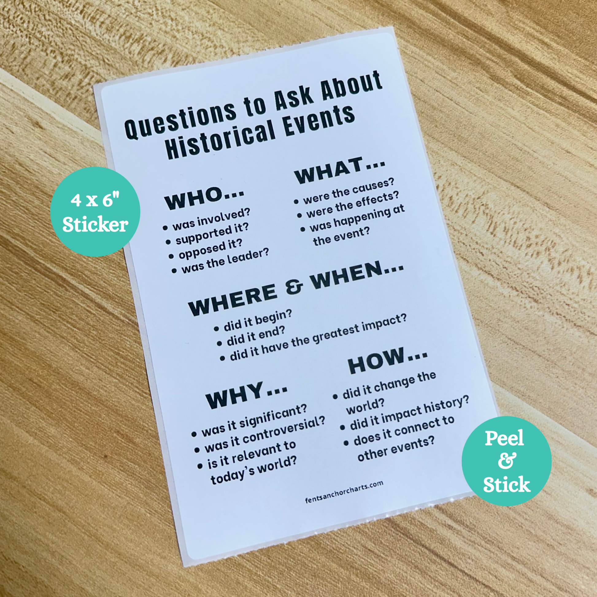 Thermal printed black and white anchor chart sticker featuring questions to ask about historical events for social studies classrooms