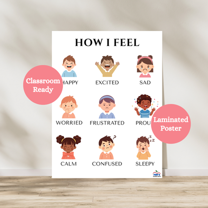 How I feel emotions poster. Illustrating nine emotions children will experience. Great for kindergarten to second grade classrooms and special education classrooms. Laminated for classroom durability.