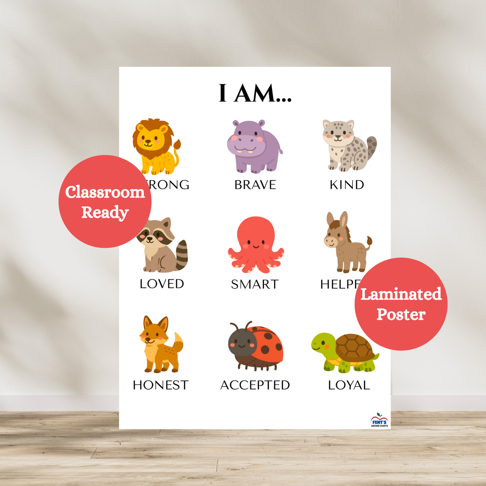I am laminated poster featuring nine confidence-boosting characteristics for young children and toddlers. Each characteristic is matched with a cute animal. Used for wall decor in play rooms, bedrooms, and preschool classrooms. Great gift for young boys and girls for positive affirmation.