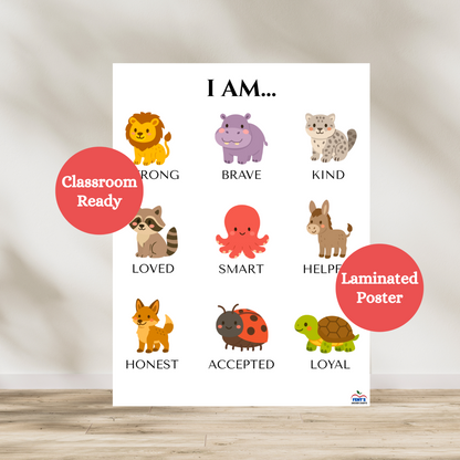 I am laminated poster featuring nine confidence-boosting characteristics for young children and toddlers. Each characteristic is matched with a cute animal. Used for wall decor in play rooms, bedrooms, and preschool classrooms. Great gift for young boys and girls for positive affirmation.