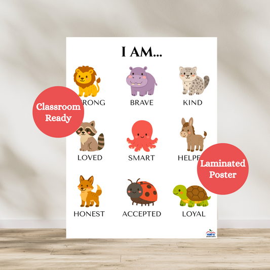 I am laminated poster featuring nine confidence-boosting characteristics for young children and toddlers. Each characteristic is matched with a cute animal. Used for wall decor in play rooms, bedrooms, and preschool classrooms. Great gift for young boys and girls for positive affirmation.