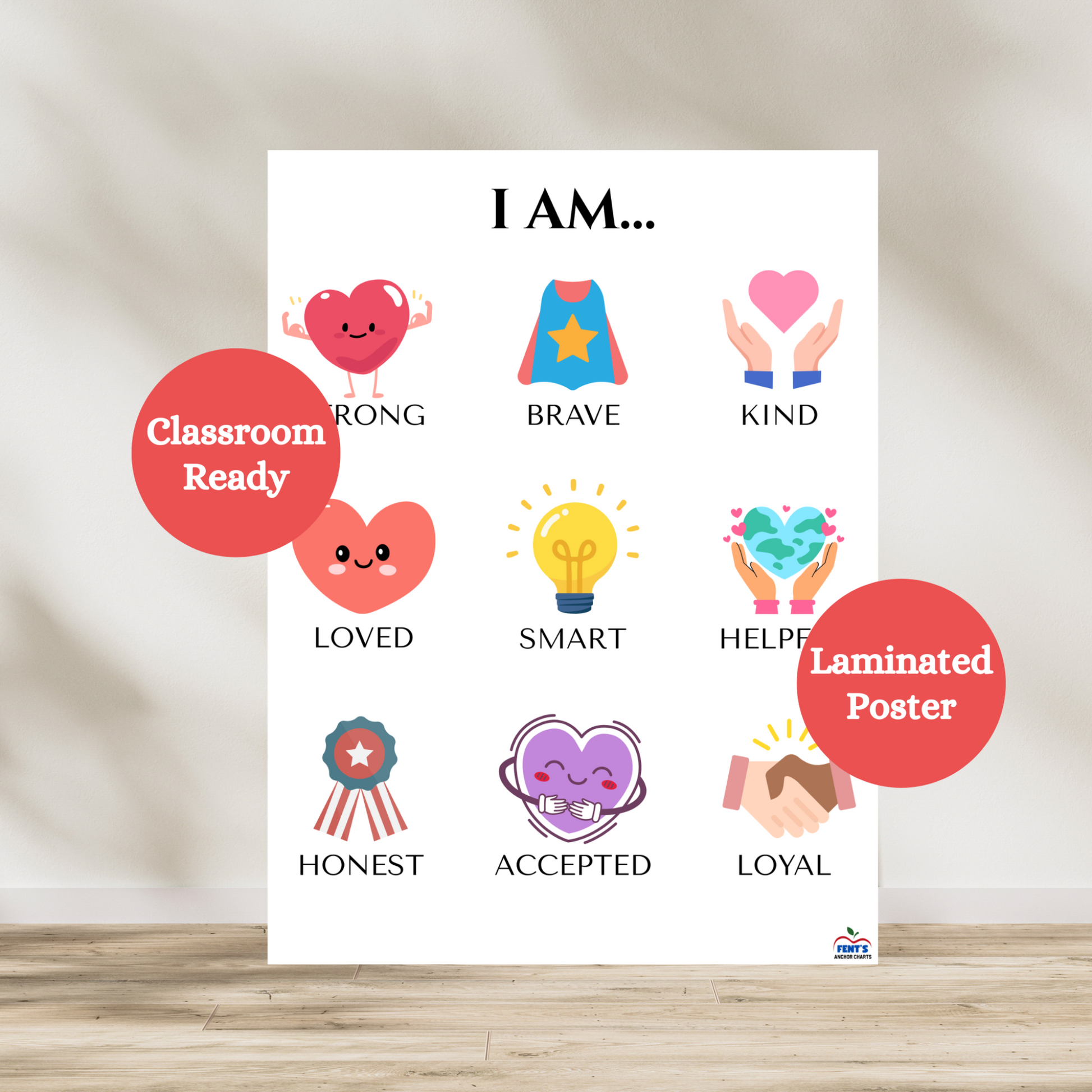 I am laminated poster featuring nine confidence-boosting characteristics for young children and toddlers. Each characteristic is matched with a cute graphic. Used for wall decor in play rooms, bedrooms, and preschool classrooms. Great gift for young boys and girls for positive affirmation.