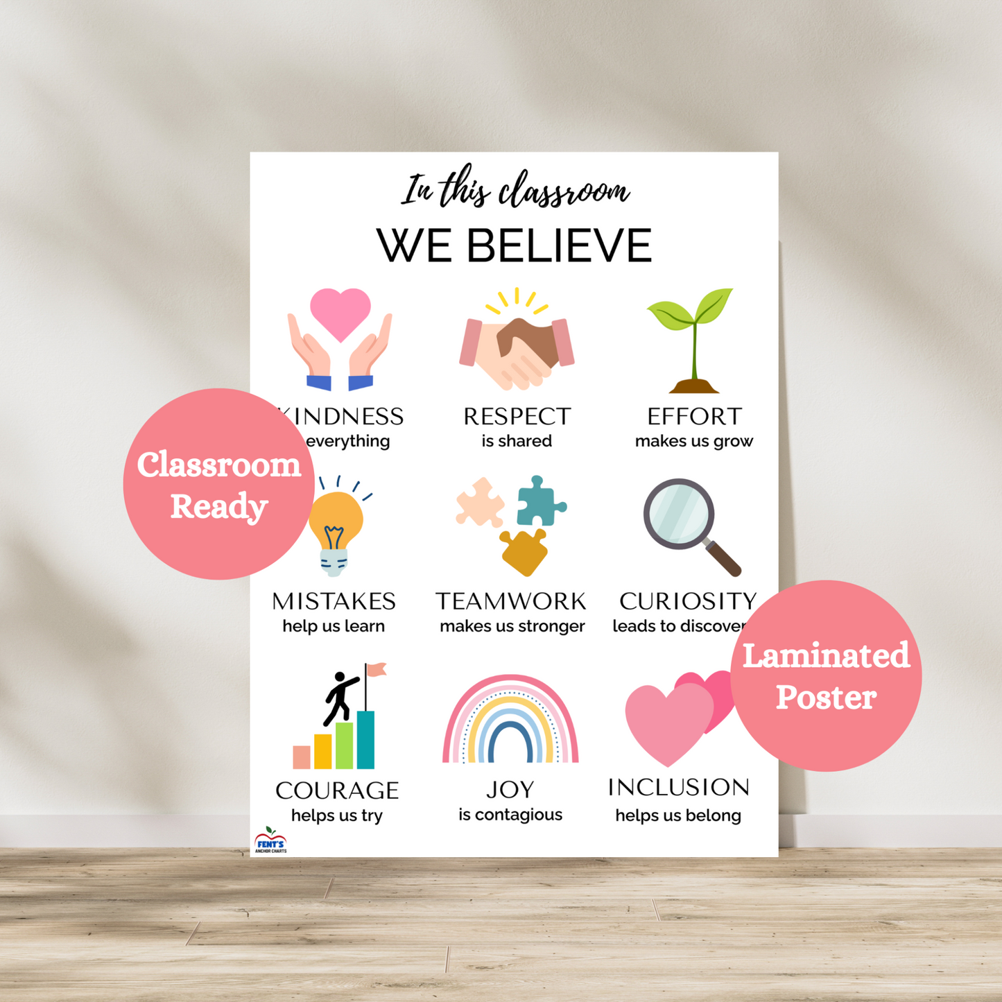 Laminated and classroom ready In this Classroom we believe poster that features 9 different values for students to follow in the classroom. Laminated for elementary classroom durability.