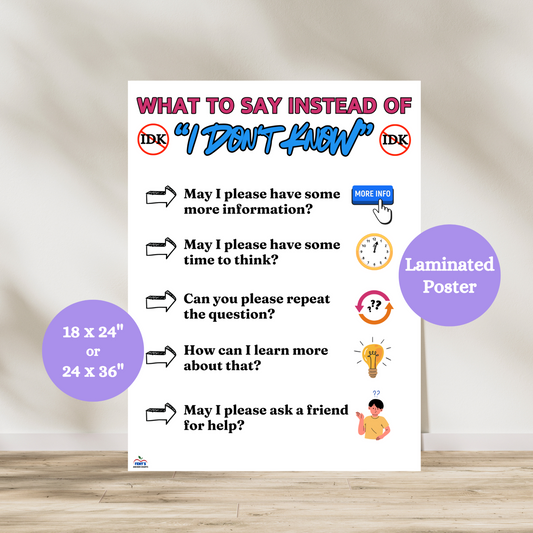 Classroom anchor chart titled 'What to Say Instead of I Don’t Know' featuring student-friendly alternatives such as: May I please have some more information? May I please have some time to think? Can you please repeat the question? How can I learn more about that? May I please ask a friend for help? Includes engaging icons and a laminated design, perfect for elementary and middle school classrooms to promote social-emotional learning and student communication
