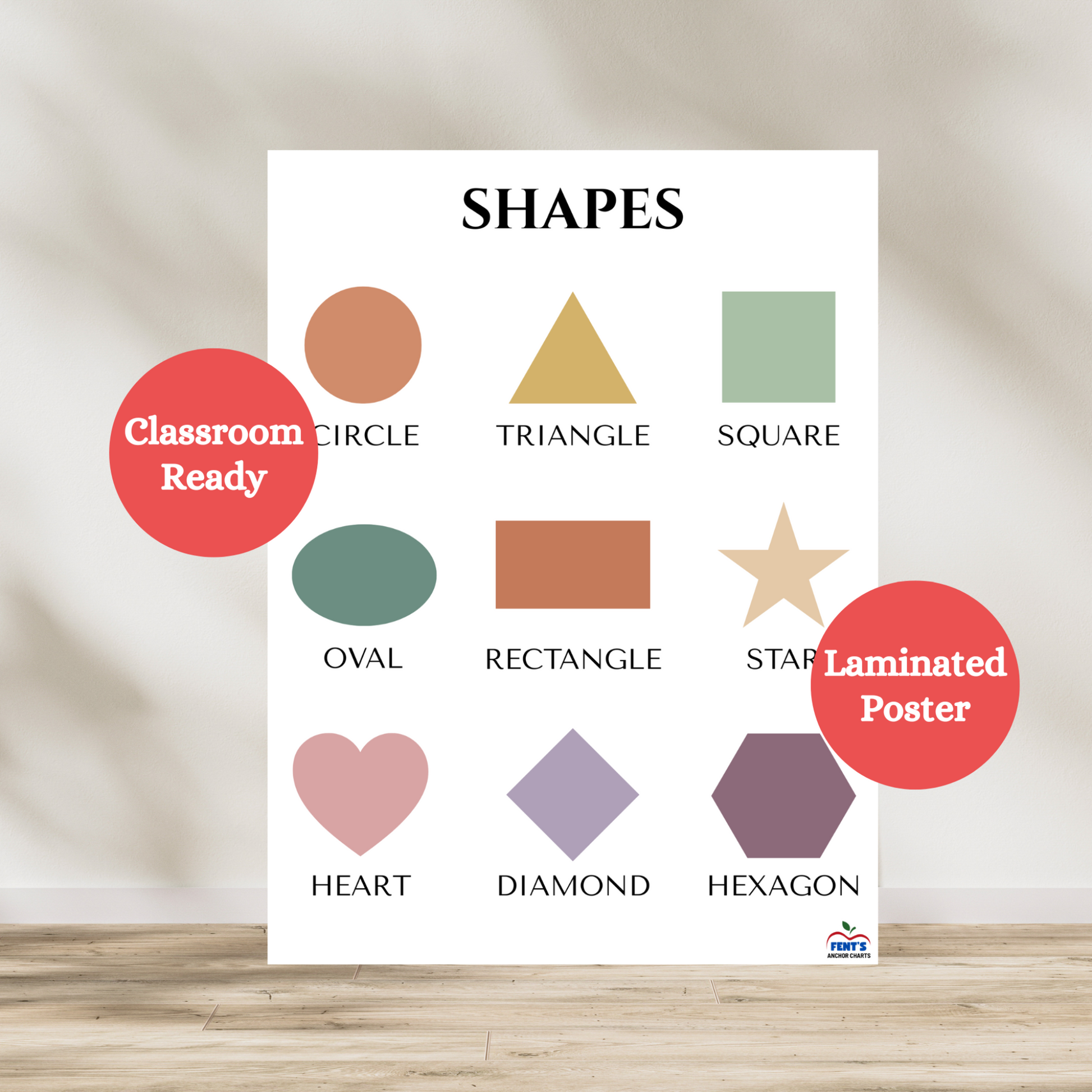Types of shapes early learning poster for kids. Nine colorful shapes are featured in this anchor chart. used to teach basic shapes to toddlers and preschool students. Used for educational wall art at home and preschool and nursery classrooms.