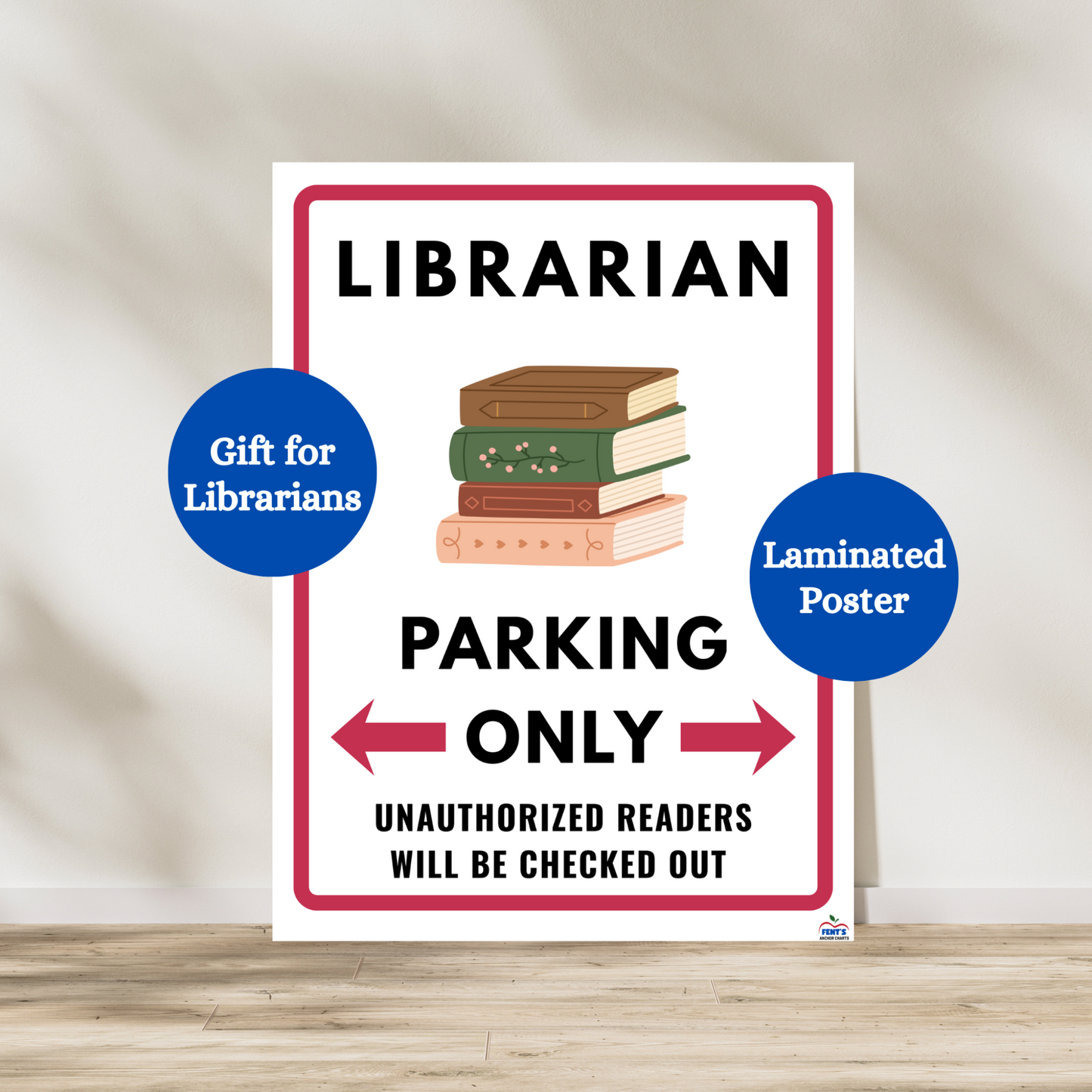 Librarian parking only poster. Funny wall art for public library and school library spaces. Great for library teachers and librarians.
