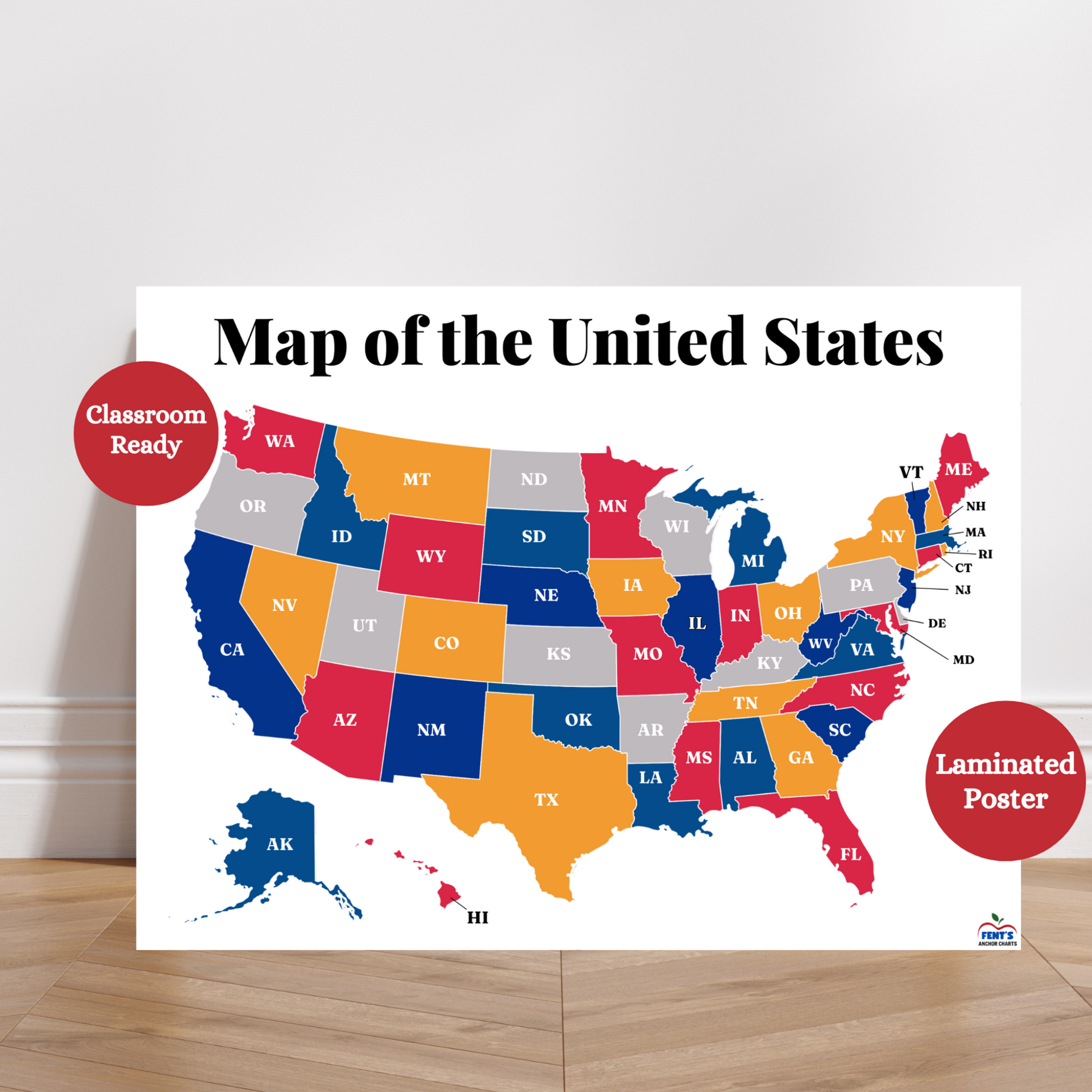 Colorful map of the United States with state abbreviations. Used in social studies classroom and homeschool setups. Laminated material for durability with kids.