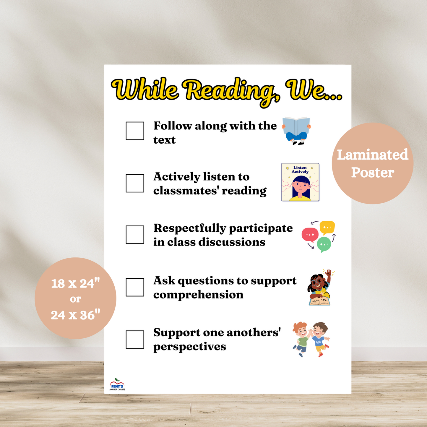 Educational laminated reading anchor chart poster titled "While Reading, We..." with student-friendly illustrations and reading strategies, ideal for classroom decor; shown upright with clear, bold text and available in multiple sizes.