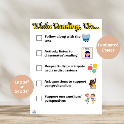 Educational laminated reading anchor chart poster titled "While Reading, We..." with student-friendly illustrations and reading strategies, ideal for classroom decor; shown upright with clear, bold text and available in multiple sizes.