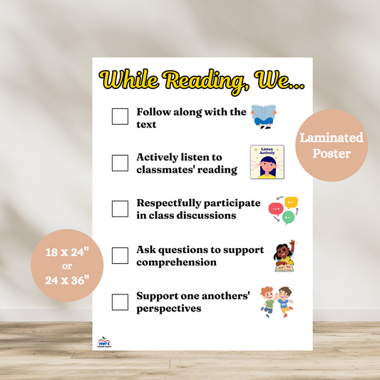 Educational laminated reading anchor chart poster titled "While Reading, We..." with student-friendly illustrations and reading strategies, ideal for classroom decor; shown upright with clear, bold text and available in multiple sizes.
