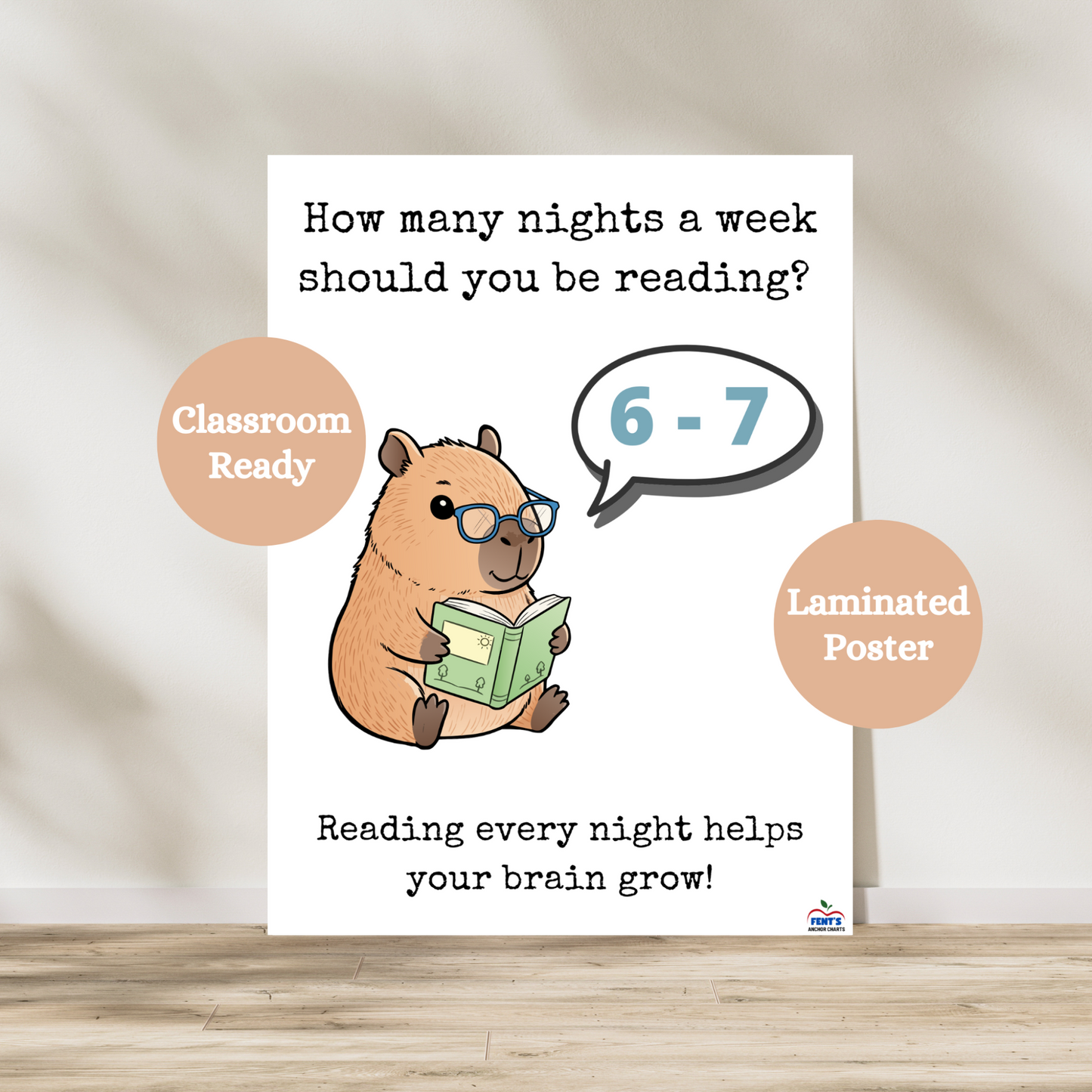 Cute and funny how many nights a week should you be reading 6 - 7 poster. Used in classrooms and at home to encourage students to read at night. Laminated for durability.