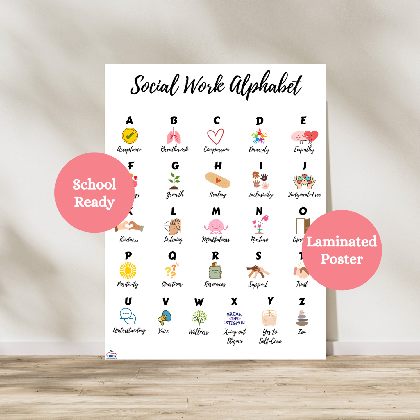 Social Work Alphabet laminated poster with characteristics in alphabetical order of social workers. Laminated for school durability.