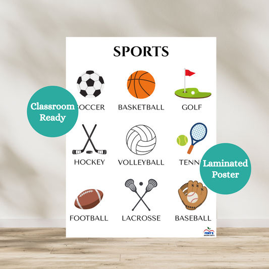 Laminated poster that breaks down the nine major sports: soccer, basketball, golf, hockey, volleyball, tennis, football, lacrosse, and baseball. Used in physical education spaces, playrooms and boy and girl bedrooms. Great for toddlers and young children