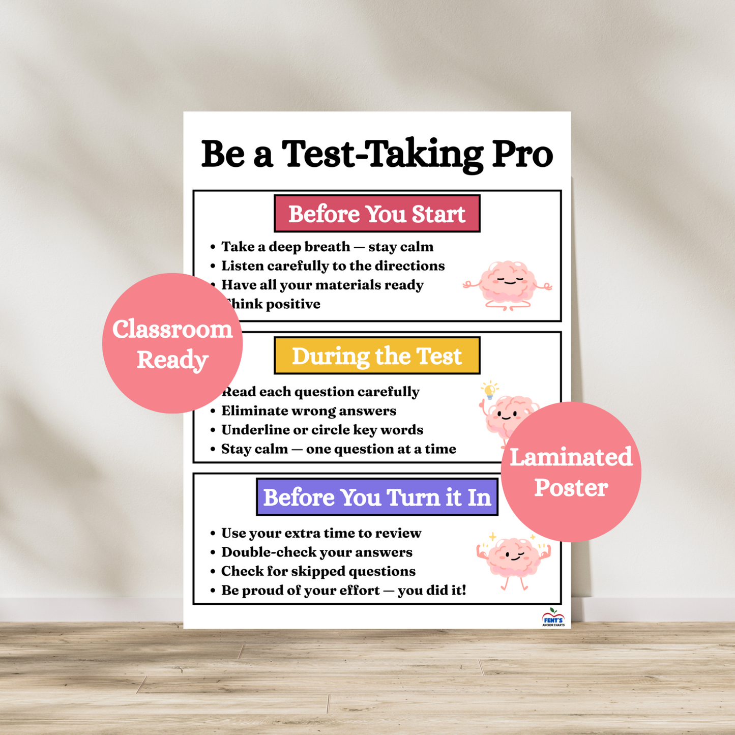 Test taking strategies poster for elementary and middle school classrooms. Laminated for durability in classrooms.