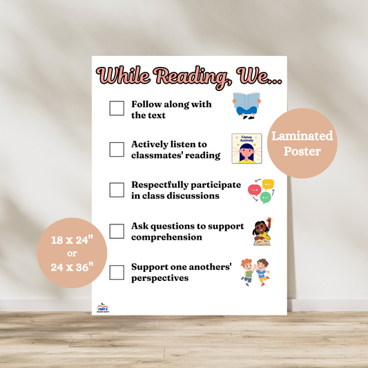 Educational laminated reading anchor chart poster titled "While Reading, We..." with student-friendly illustrations and reading strategies, ideal for classroom decor; shown upright with clear, bold text and available in multiple sizes.